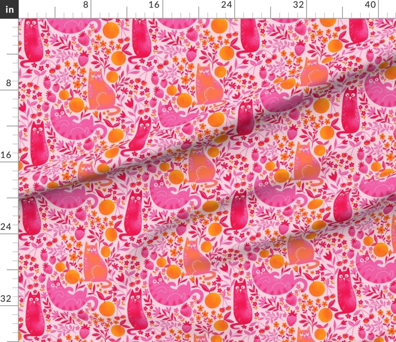 Whimsical Quirky Fruit Cats Playful Colorful Pink Orange Cherries Strawberries Red Cherry Floral Flowers Pets Novelty Leaves Eclectic Custom Printed Fabric by Spoonflower Various Fabrics by the Yard or Fat Quarter